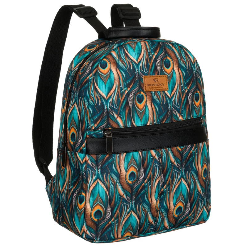Wielokolorowy plecak damski z poliestru z modnym wzorem pawich piór - Rovicky
