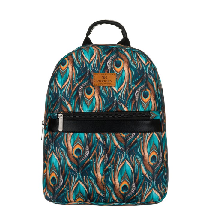 Wielokolorowy plecak damski z poliestru z modnym wzorem pawich piór - Rovicky