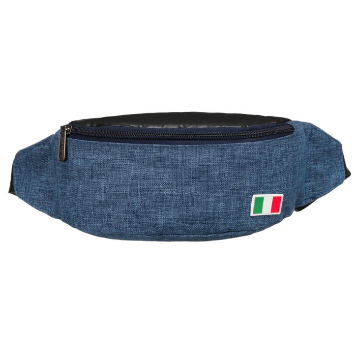 Niebieska saszetka zawieszona na regulowanym pasku, zapinana suwakiem