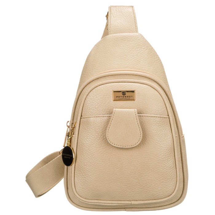 Modna i funkcjonalna beżowa saszetka damska crossbody z eko skóry Peterson
