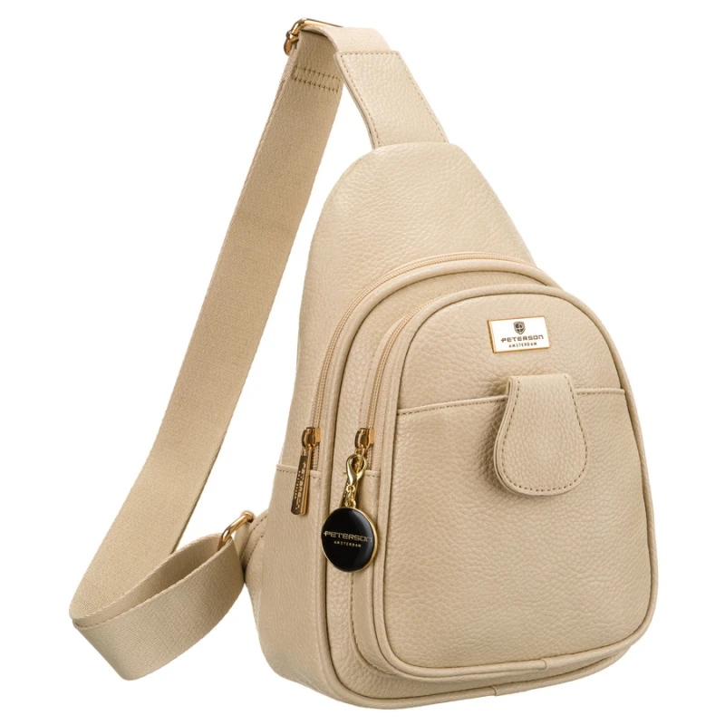 Modna i funkcjonalna beżowa saszetka damska crossbody z eko skóry Peterson