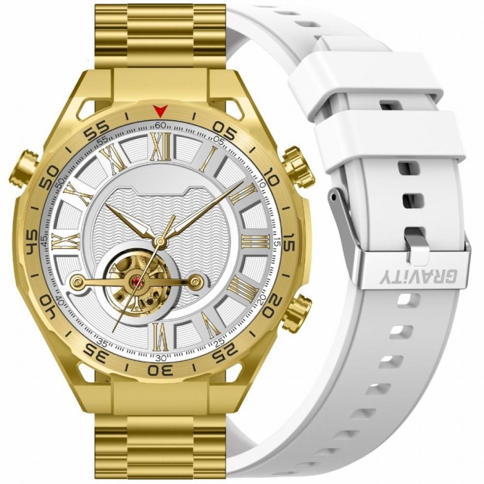 Smartwatch GRAViTY GT13‑2 – złota koperta, biały pasek silikonowy