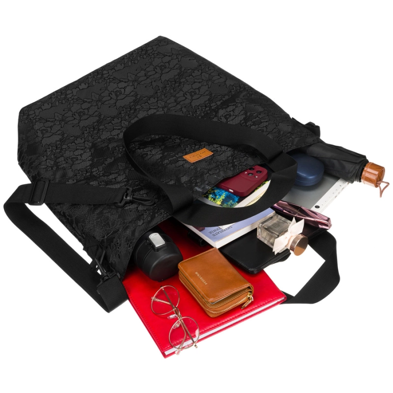 Duży, czarny shopper damski zawieszony na uchwytach i regulowanym pasku - Rovicky