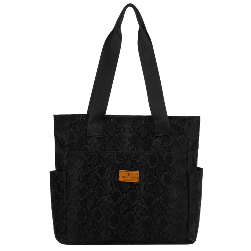 Czarny shopper damski z poliestru zawieszony na wygodnych uchwytach - Rovicky