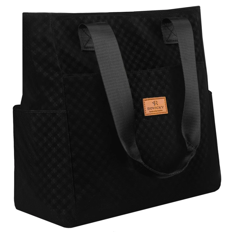 Czarny shopper damski z poliestru pokrytego geometrycznym wzorem - Rovicky