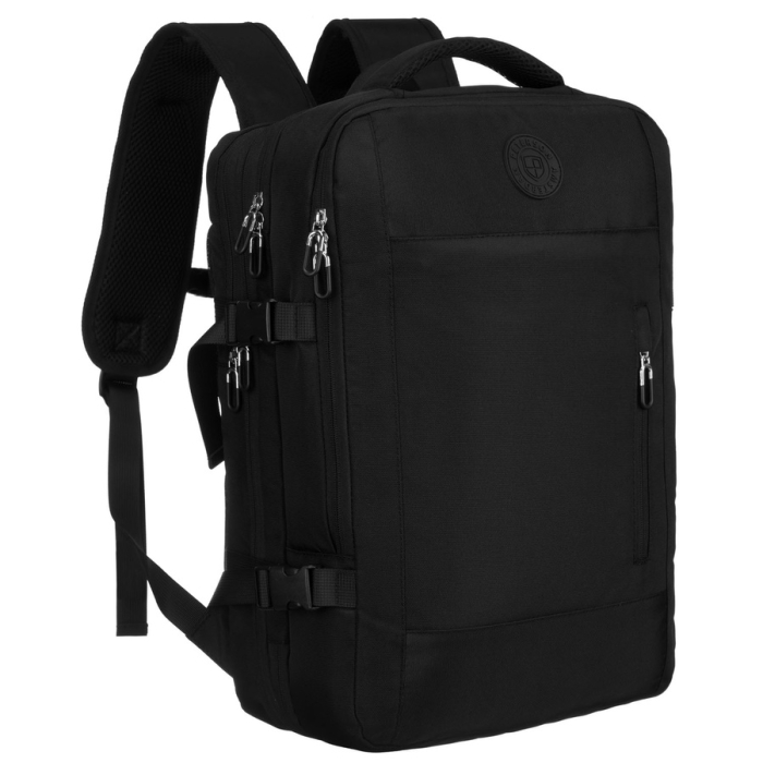 Czarny plecak Peterson idealny jako bagaż podręczny do samolotu, model z komorą walizkową i portem USB