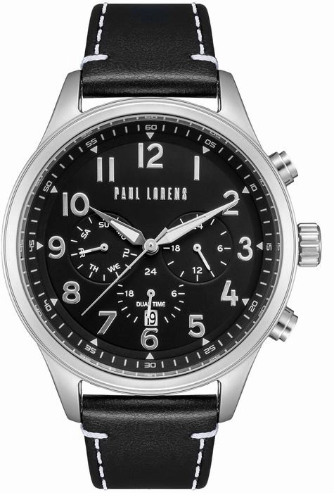 Zegarek męski Paul Lorens PL20011A-1A1 z czarną tarczą i srebrną kopertą 46 mm.webp