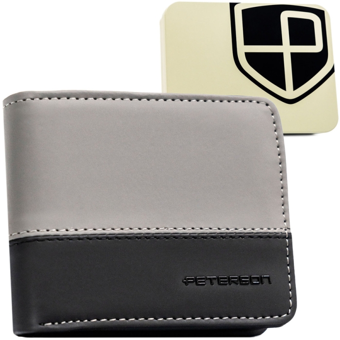 Czarno-szary portfel męski w orientacji poziomej bez zapięcia zewnętrznego - Peterson