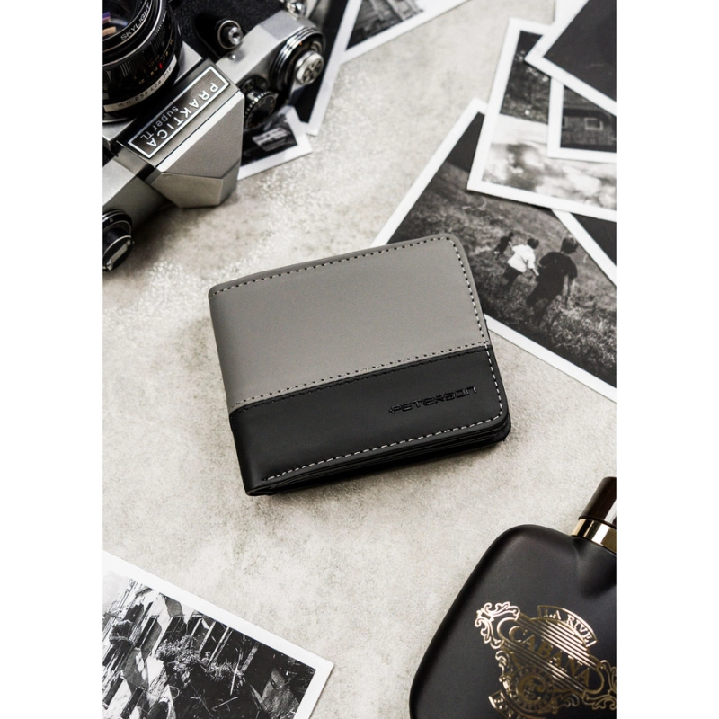 Czarno-szary portfel męski w orientacji poziomej bez zapięcia zewnętrznego - Peterson