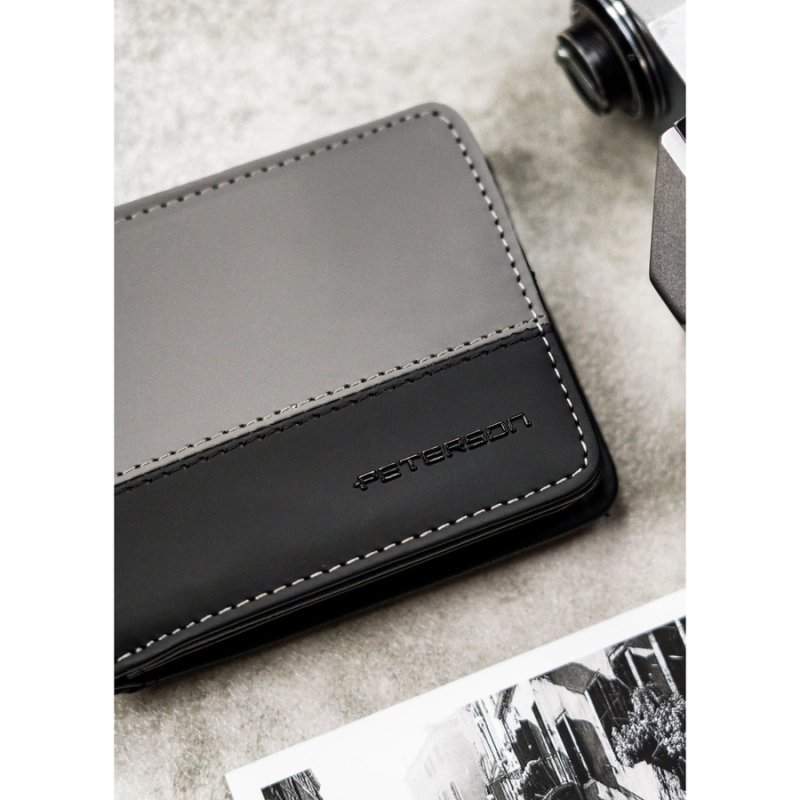 Czarno-szary portfel męski w orientacji poziomej bez zapięcia zewnętrznego - Peterson
