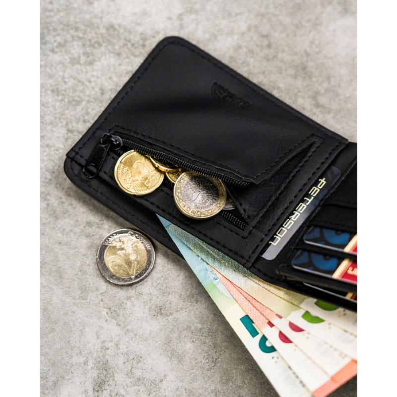 Czarno-szary portfel męski w orientacji poziomej bez zapięcia zewnętrznego - Peterson