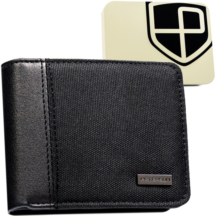 Czarny, kompaktowy portfel męski wykonany ze skóry ekologicznej - Peterson