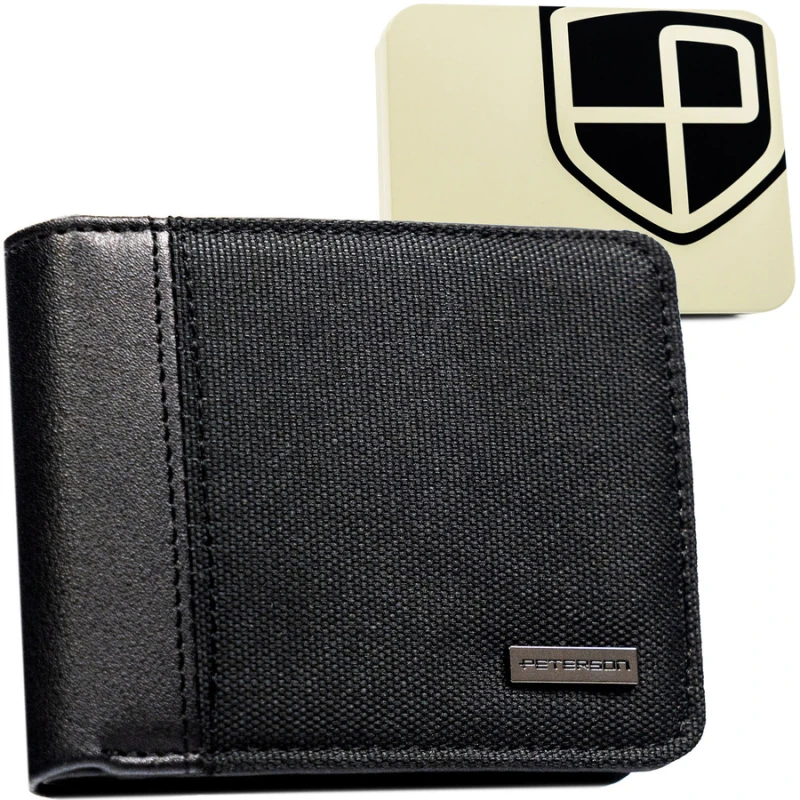 Czarny, kompaktowy portfel męski wykonany ze skóry ekologicznej - Peterson