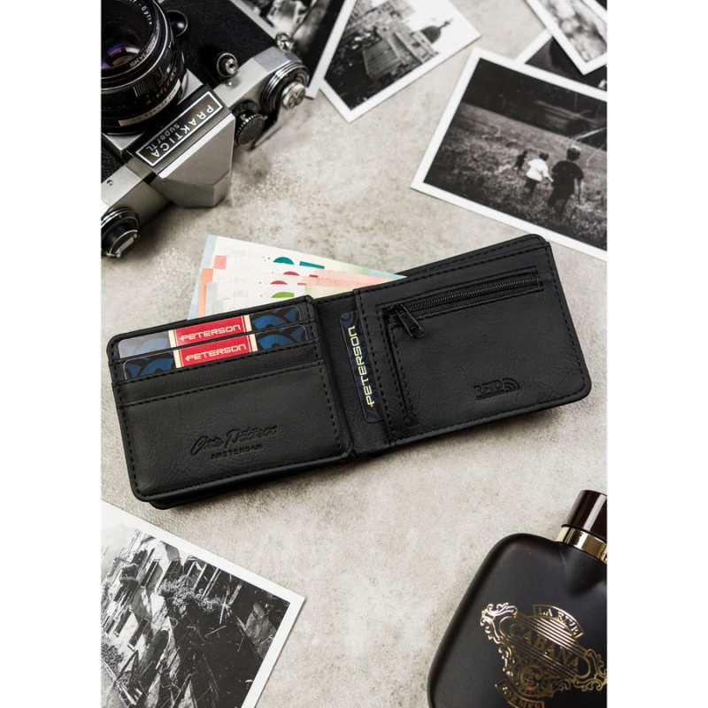 Zielono-czarny portfel męski wykonany ze skóry ekologicznej, model z systemem RFID - Peterson
