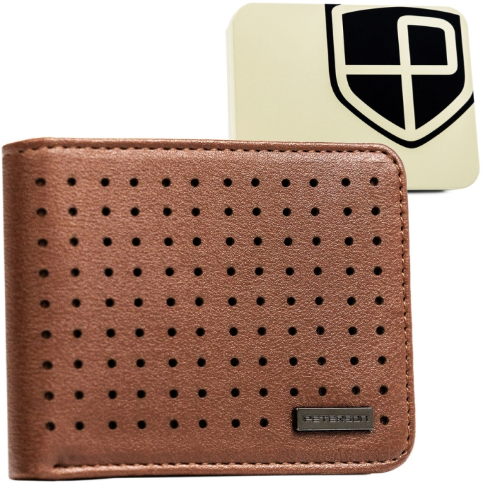 Brązowy portfel męski bez zapięcia z subtelnym, perforowanym zdobieniem - Peterson