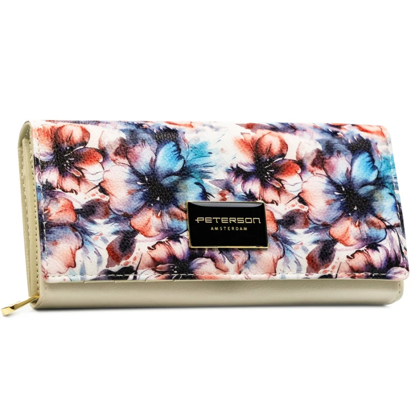 Duży portfel damski w kwiaty wykonany ze skóry naturalnej i ekologicznej, zamykany zatrzaskiem - Peterson