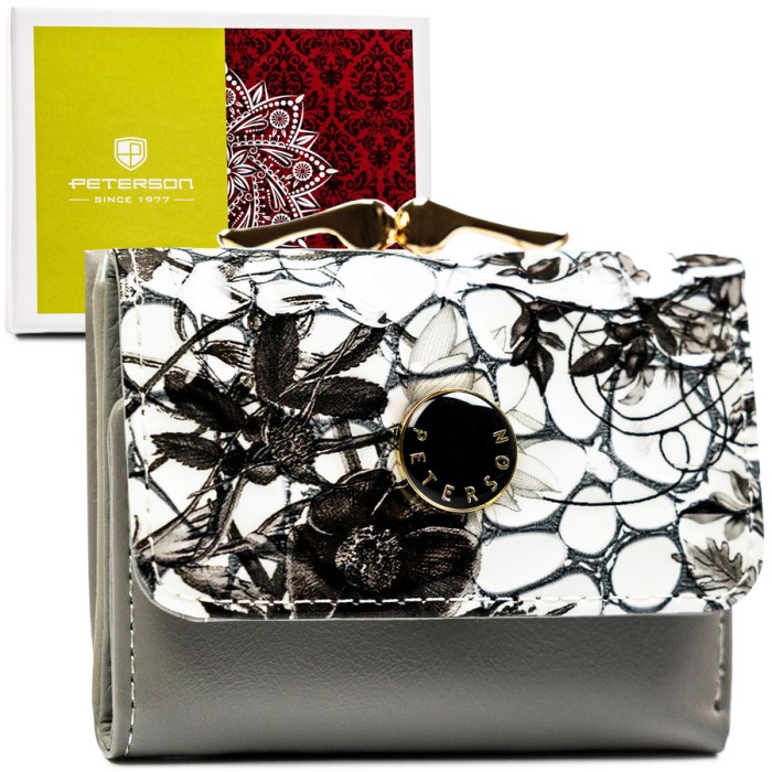 Mały portfelik damski ze skóry naturalnej w dominującym czarnym kolorze - Peterson