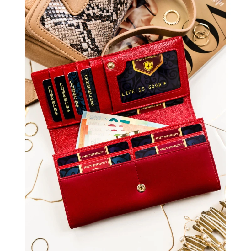 Czerwony portfel damski ze skóry naturalnej i ekologicznej zamykany zatrzaskiem - Peterson