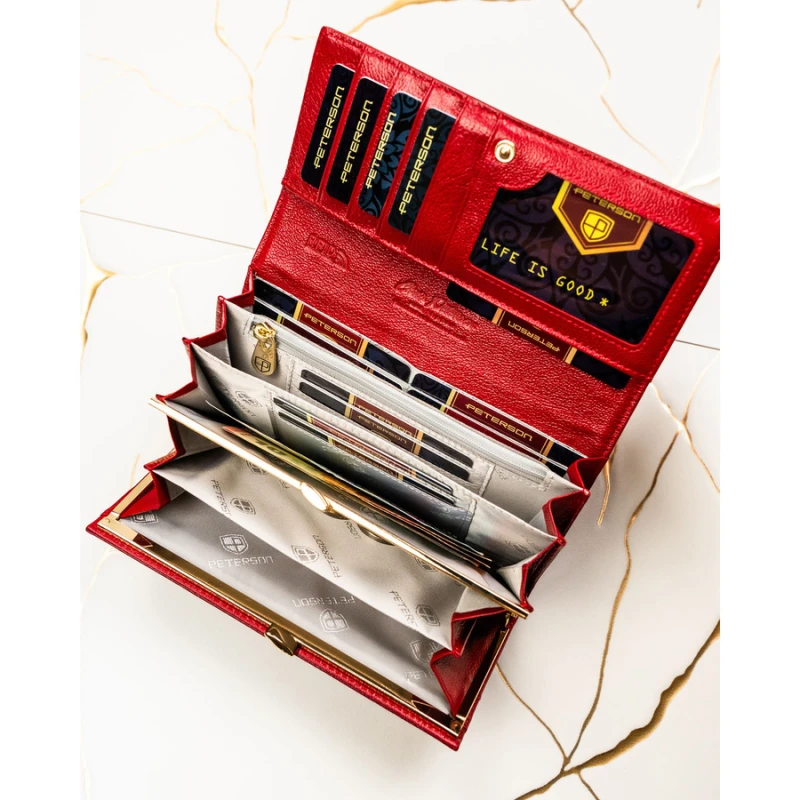 Czerwony portfel damski ze skóry naturalnej i ekologicznej zamykany zatrzaskiem - Peterson