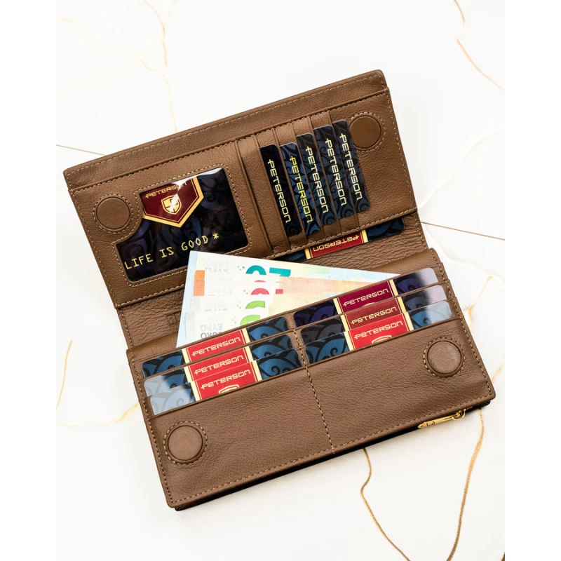 Brązowy portfel damski ze skóry naturalnej i ekologicznej z systemem RFID - Peterson
