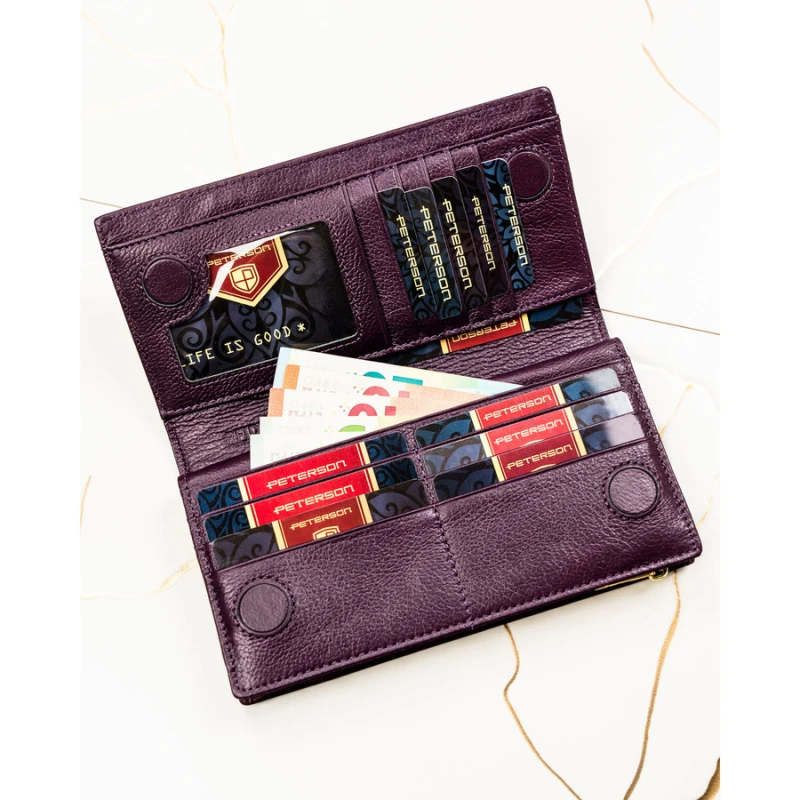 Portfel damski ze skóry naturalnej i ekologicznej w fioletowym kolorze zamykany na magnes i suwak - Peterson