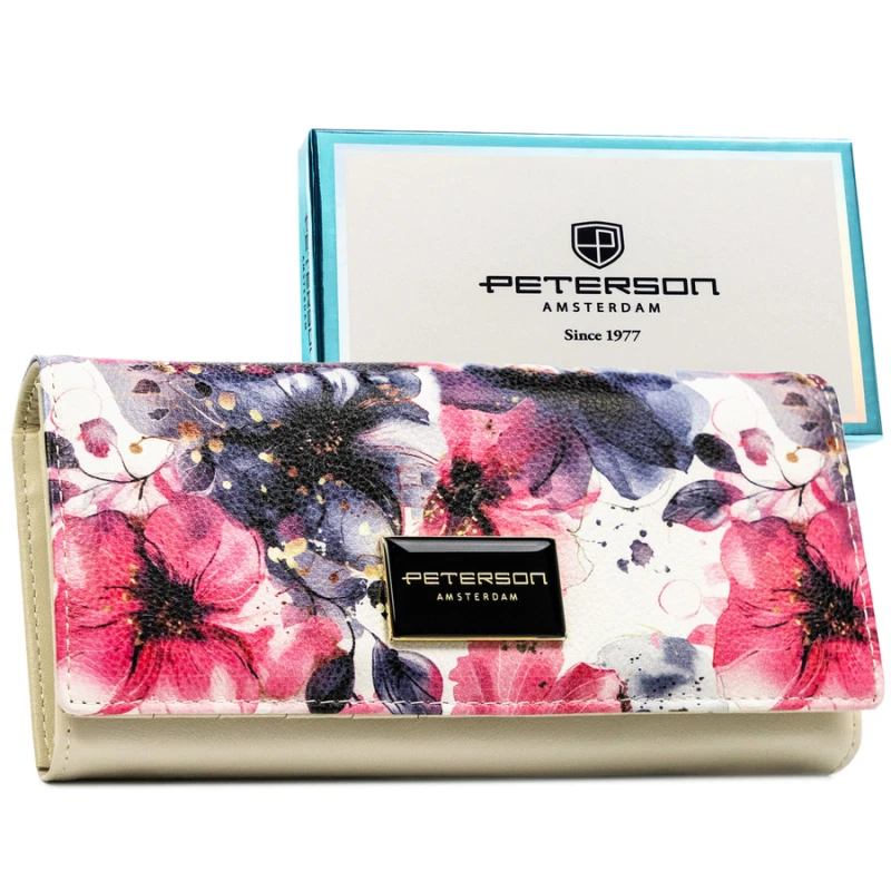 Duży portfel damski w kwiaty wykonany ze skóry naturalnej i ekologicznej z systemem RFID - Peterson