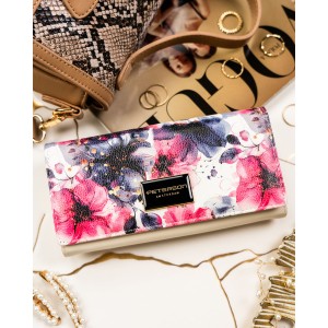 Duży portfel damski w kwiaty wykonany ze skóry naturalnej i ekologicznej z systemem RFID - Peterson