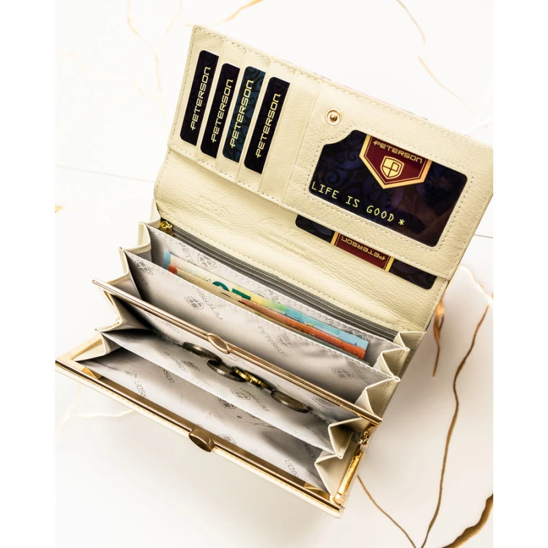 Duży portfel damski w kwiaty wykonany ze skóry naturalnej i ekologicznej z systemem RFID - Peterson