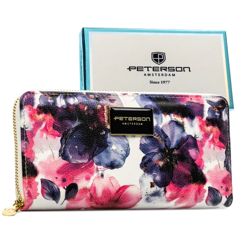 Portfel-piórnik damski w kwiaty wykonany ze skóry naturalnej i ekologicznej - Peterson