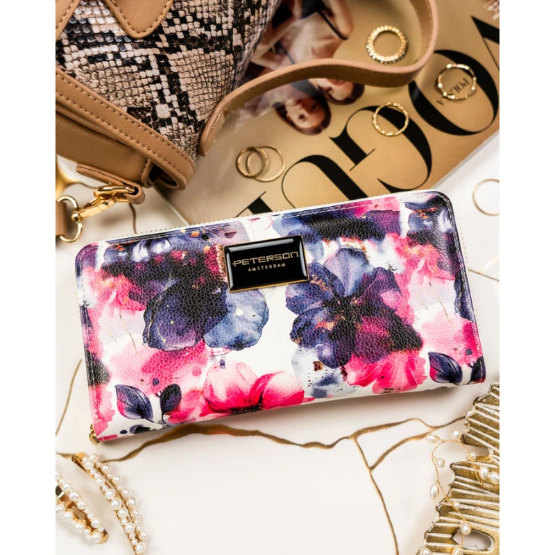 Portfel-piórnik damski w kwiaty wykonany ze skóry naturalnej i ekologicznej - Peterson