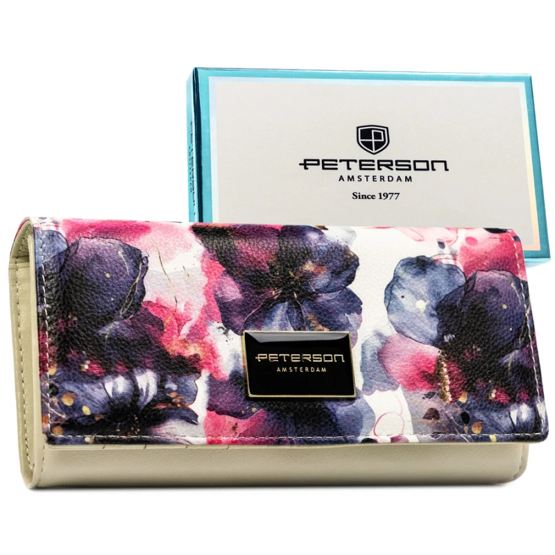 Portfel damski w kwiaty wykonany ze skóry naturalnej i ekologicznej, zamykany zatrzaskiem - Peterson