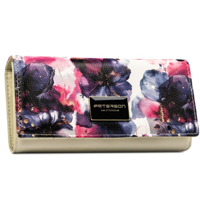 Portfel damski w kwiaty wykonany ze skóry naturalnej i ekologicznej, zamykany zatrzaskiem - Peterson