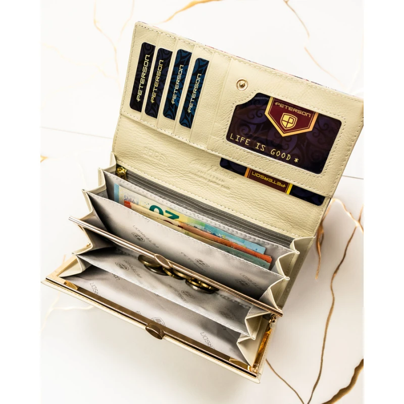 Duży portfel damski w kwiaty wykonany ze skóry naturalnej i ekologicznej z systemem RFID - Peterson