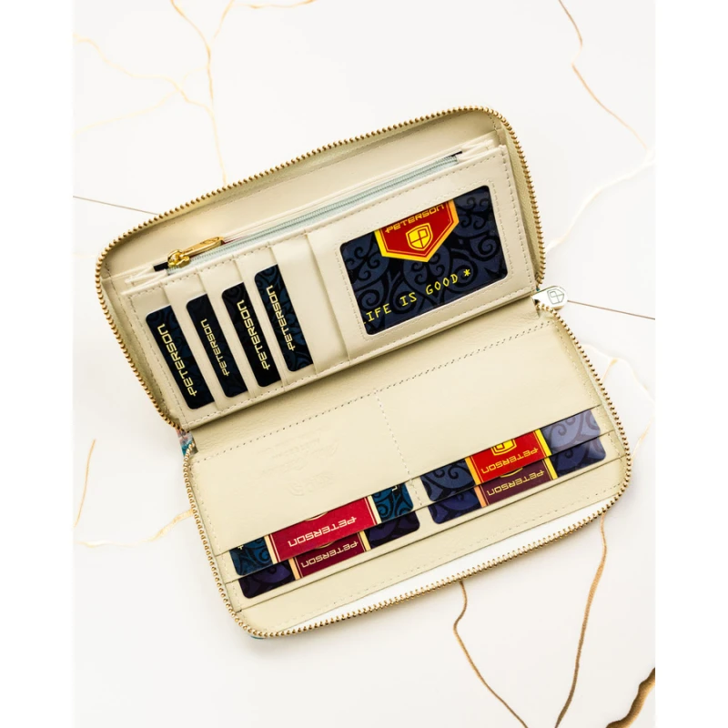 Portfel-piórnik damski w kwiaty wykonany ze skóry naturalnej i ekologicznej zamykany suwakiem - Peterson