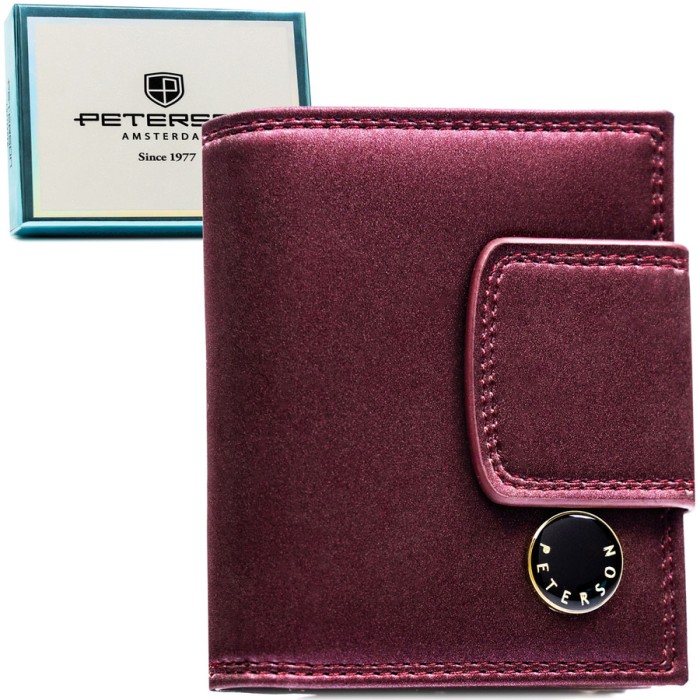 Portfel damski ze skóry naturalnej i ekologicznej w fioletowym kolorze, zamykany zatrzaskiem i biglem - Peterson