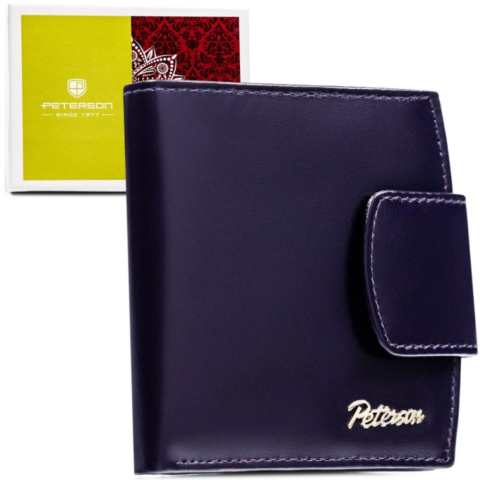 Skórzany, fioletowy portfel damski z systemem RFID, zamykany zatrzaskiem - Peterson