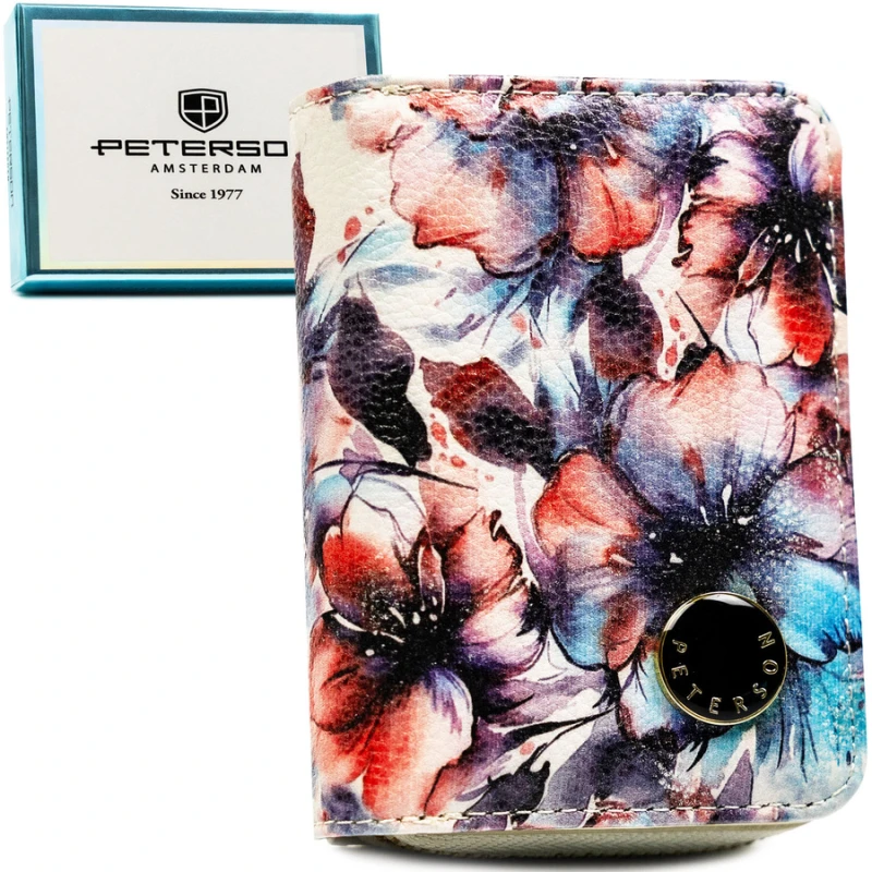 Portfel damski w kwiaty wykonany ze skóry naturalnej i ekologicznej, zamykany na zatrzask i suwak - Peterson