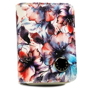 Portfel damski w kwiaty wykonany ze skóry naturalnej i ekologicznej, zamykany na zatrzask i suwak - Peterson