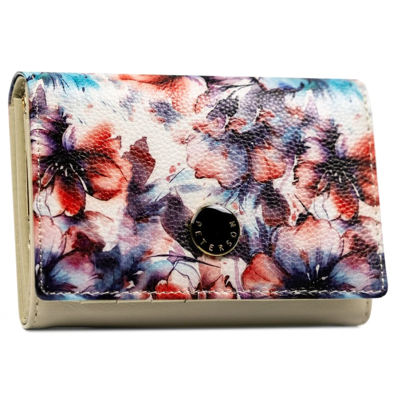 Portfel damski w kwiaty wykonany ze skóry naturalnej i ekologicznej, zamykany zatrzaskiem - Peterson