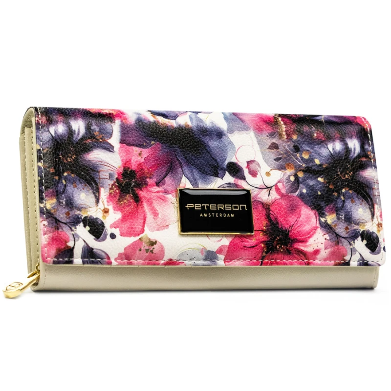 Pojemny portfel damski w kwiaty wykonany ze skóry naturalnej i ekologicznej - Peterson