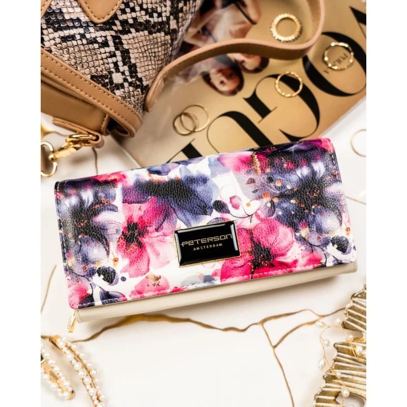 Pojemny portfel damski w kwiaty wykonany ze skóry naturalnej i ekologicznej - Peterson