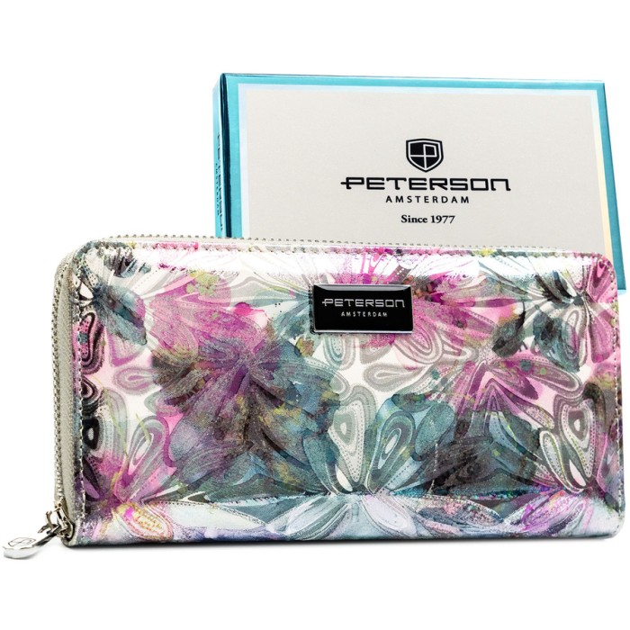Portfel damski w typie piórnika w kolorowe kwiaty, wykonany ze skóry naturalnej i ekologicznej - Peterson