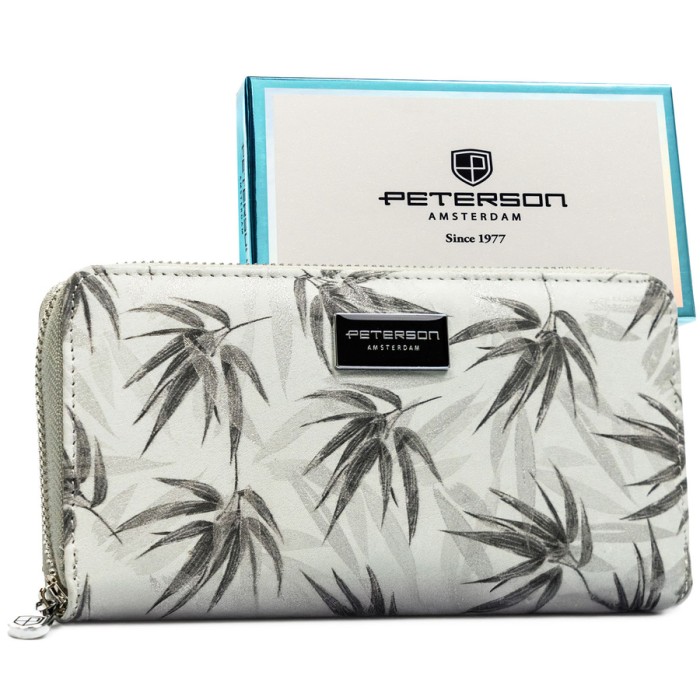 Szary portfel damski w typie piórnika w roślinny wzór, wykonany ze skóry naturalnej i ekologicznej - Peterson