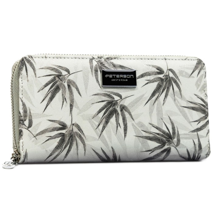 Szary portfel damski w typie piórnika w roślinny wzór, wykonany ze skóry naturalnej i ekologicznej - Peterson