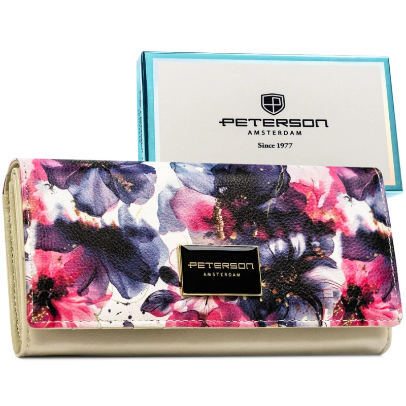 Elegancki portfel damski w kwiaty wykonany ze skóry naturalnej i ekologicznej zamykany zatrzaskiem - Peterson