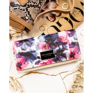 Elegancki portfel damski w kwiaty wykonany ze skóry naturalnej i ekologicznej zamykany zatrzaskiem - Peterson