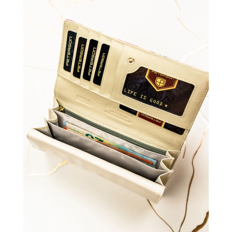 Elegancki portfel damski w kwiaty wykonany ze skóry naturalnej i ekologicznej zamykany zatrzaskiem - Peterson