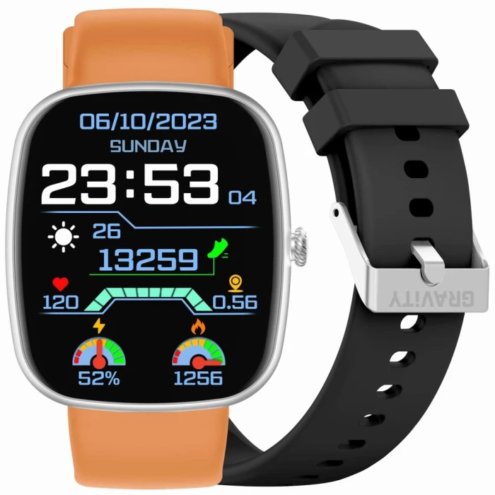 Smartwatch GRAVITY GT18-4 – widok z przodu z pomarańczowym paskiem.webp