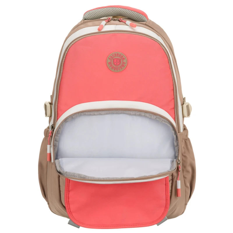 Młodzieżowy plecak szkolny z poliestru w beżowo-różowym kolorze z przegrodą na laptopa - Peterson