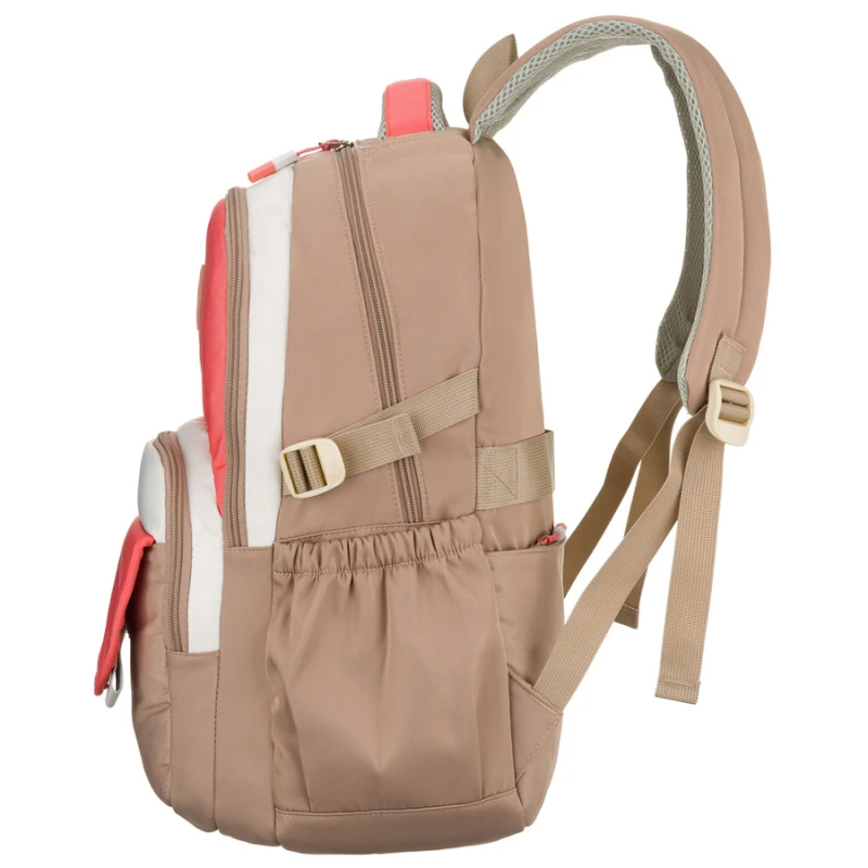 Młodzieżowy plecak szkolny z poliestru w beżowo-różowym kolorze z przegrodą na laptopa - Peterson